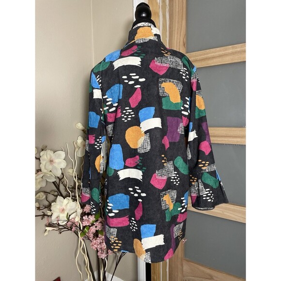 Women's Abstract Print Art Jacket Blouson Coat Button Front Retro Colorblock - Picture 2 of 11